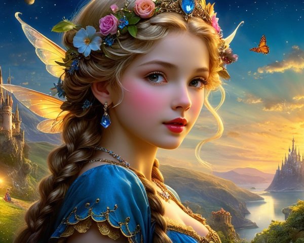Fairy Princess with Floral Crown and Enchanting Wings