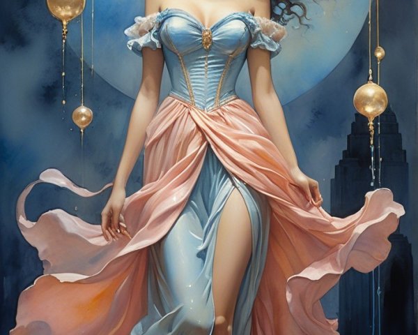 Elegant Woman in Blue Gown with Luminous Moon Backdrop