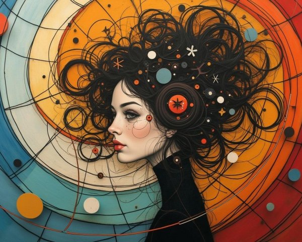 Profile of a woman with curly hair and cosmic motifs