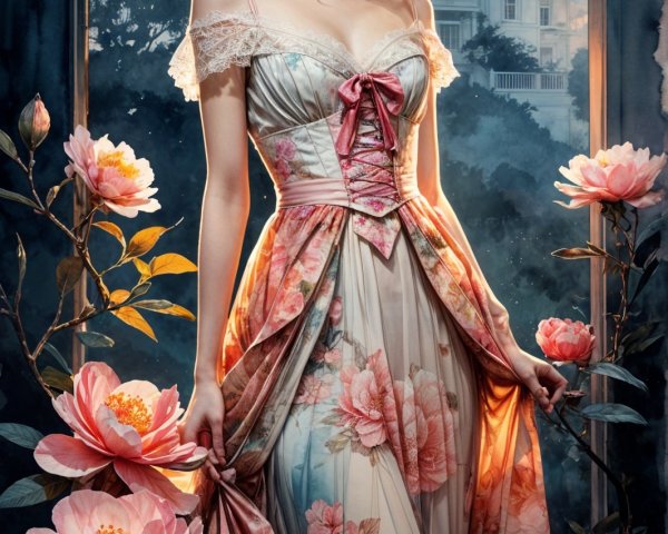 Young woman in floral gown by ornate archway