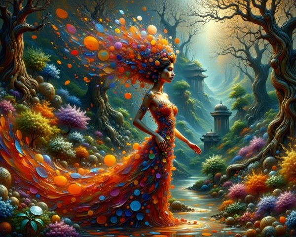 Enchanted forest scene with a colorful gown and aura