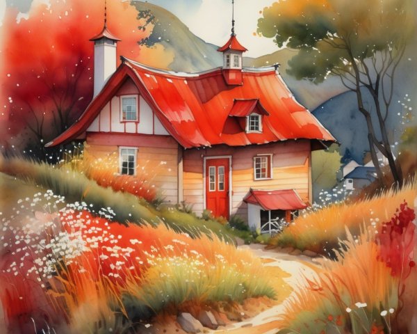 Cottage with Red Roof Amidst Autumn Foliage