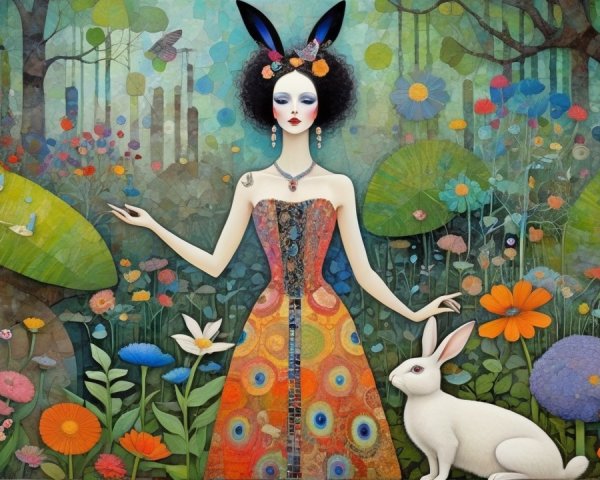 Colorful Illustration of a Woman in a Surreal Garden