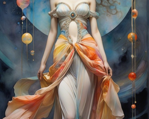 Celestial Figure in Ethereal Gown Against Mystical Backdrop