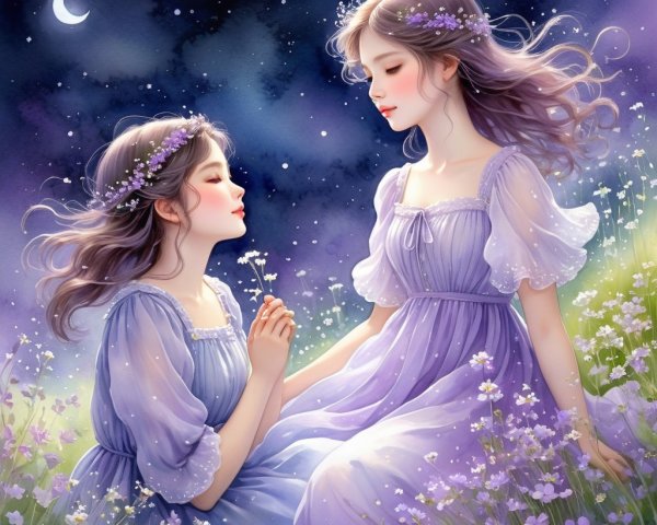 Ethereal Girls in Starry Landscape with Flowers