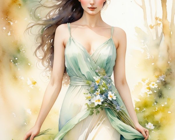 Ethereal Woman in Flowing Green Gown with Flowers