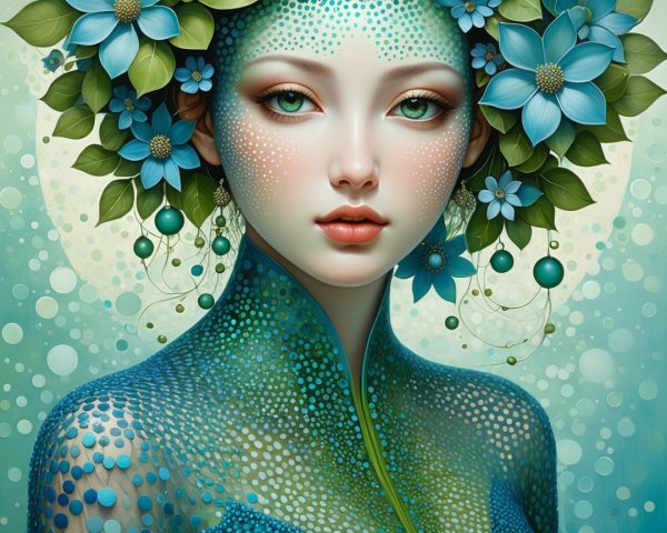 Serene Woman Surrounded by Blue Flowers and Greenery