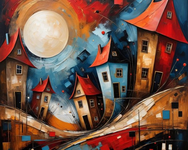 Whimsical Landscape with Colorful Houses and Moon