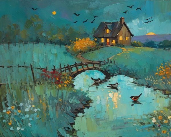 Cozy Cottage in a Tranquil Landscape at Sunset