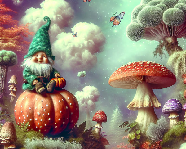 Gnome on Pumpkin Surrounded by Colorful Forest Elements
