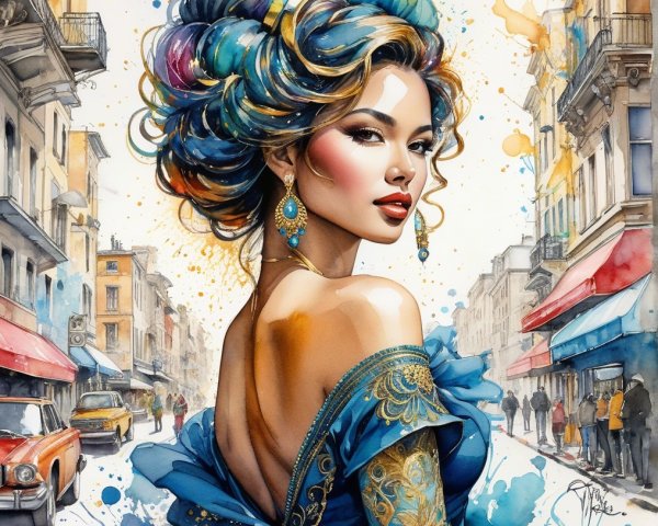 Colorful Hair and Elegant Dress in Vintage Street Scene