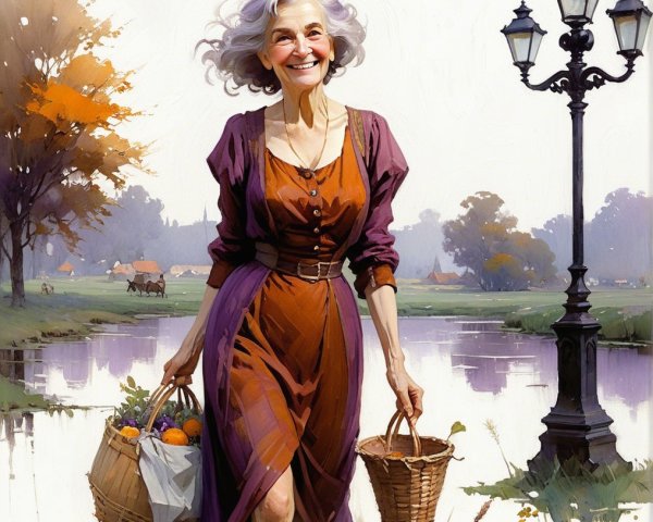 Elderly Woman Walking by River with Baskets in Autumn