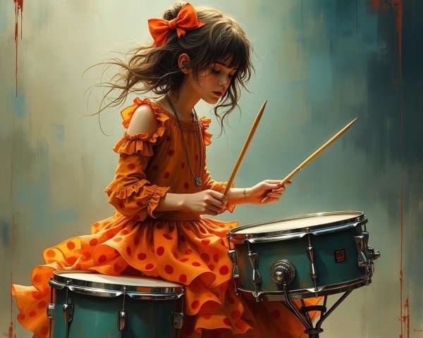 Young Girl Playing Drums in Colorful Dress and Bow