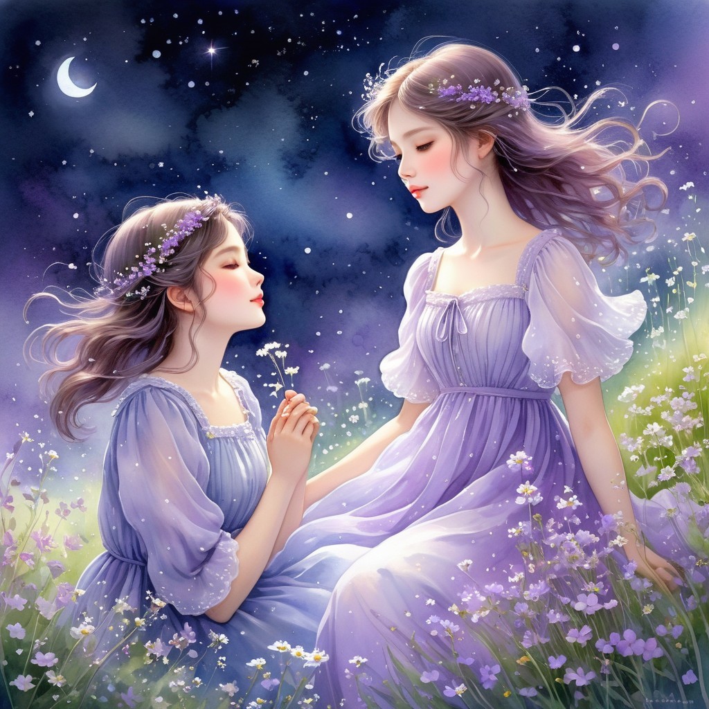 Ethereal Girls in Starry Landscape with Flowers