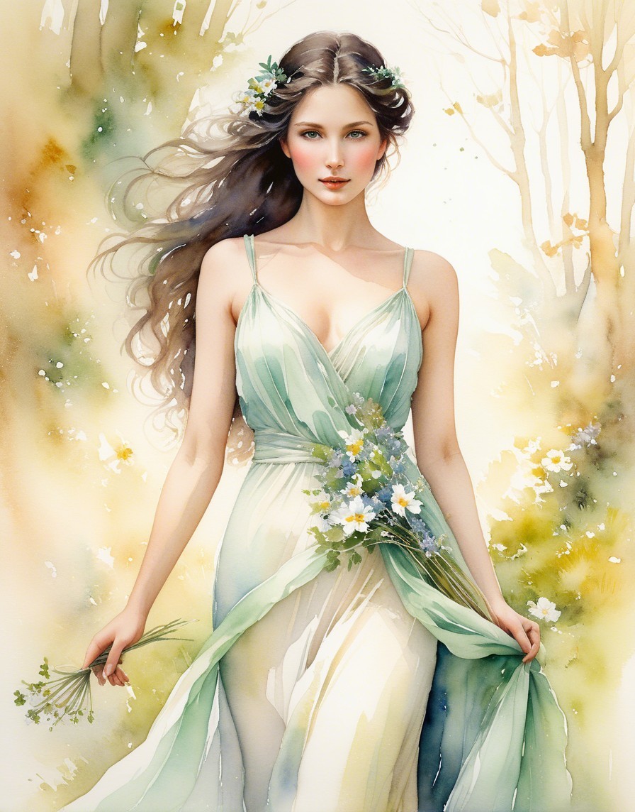 Ethereal Woman in Flowing Green Gown with Flowers