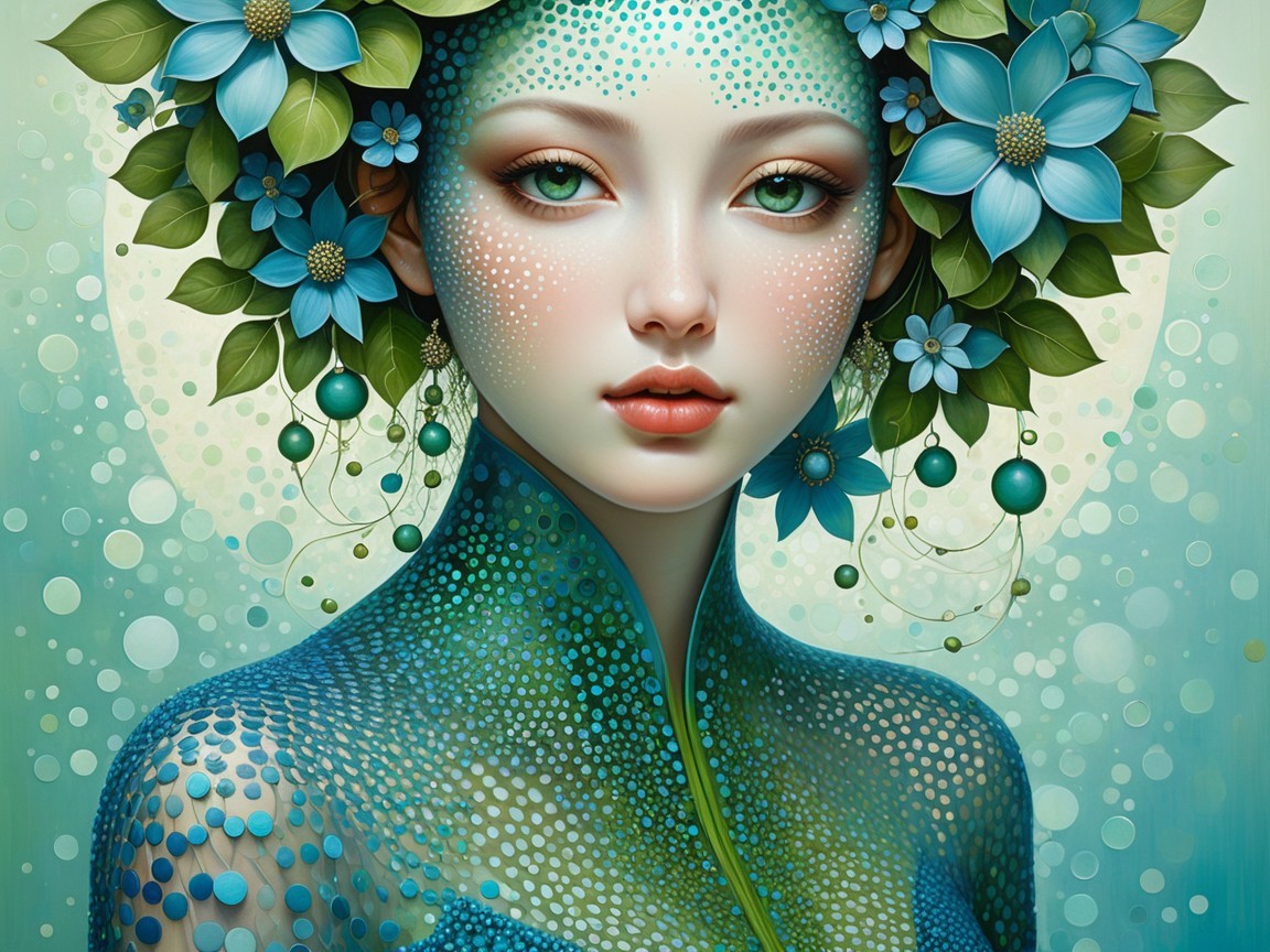 Serene Woman Surrounded by Blue Flowers and Greenery