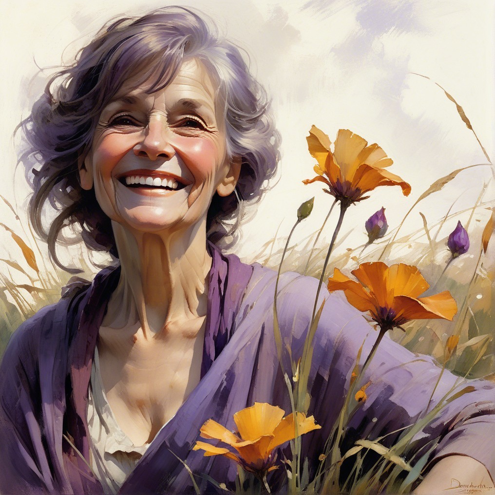 Elderly Woman Smiling in Vibrant Poppy Field