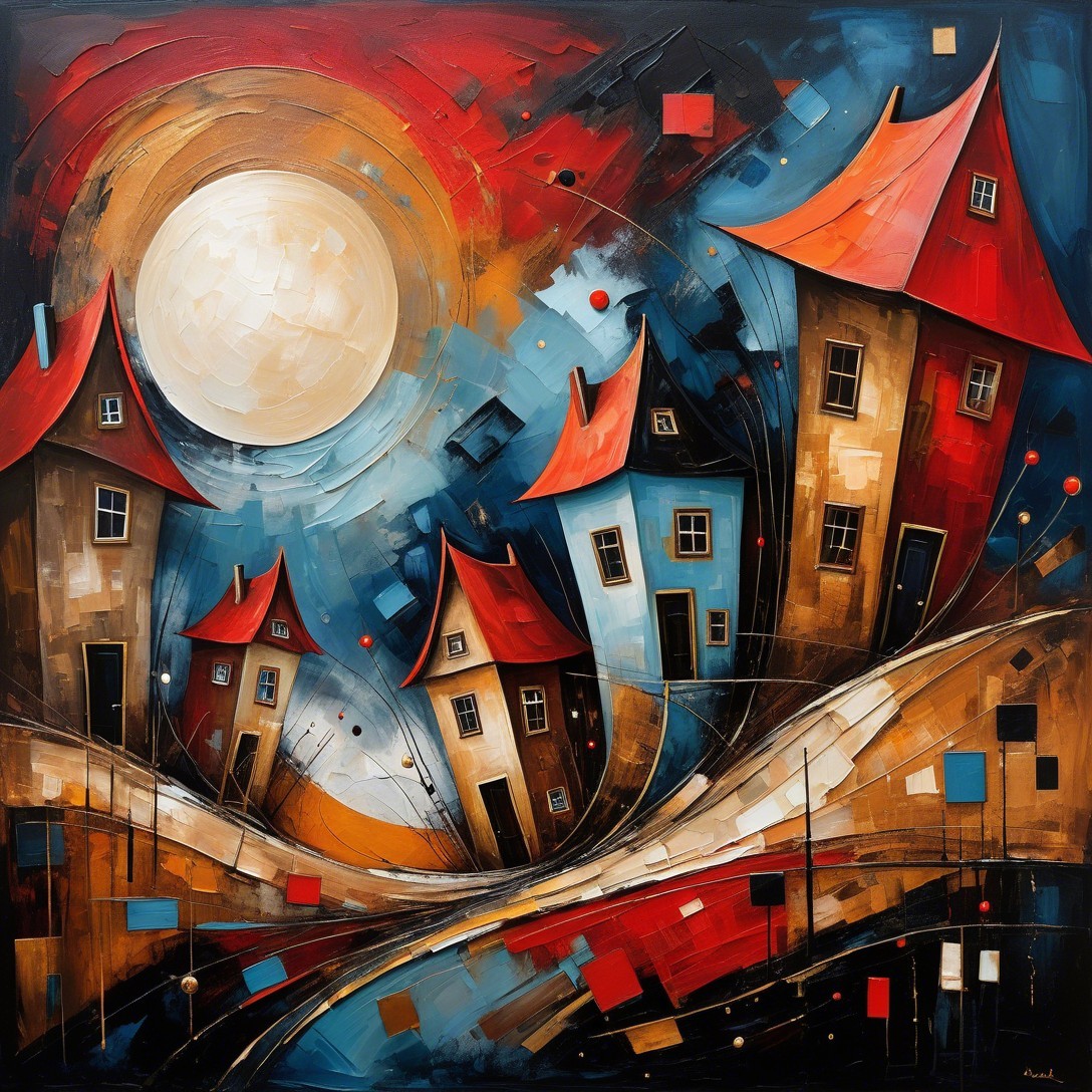 Whimsical Landscape with Colorful Houses and Moon