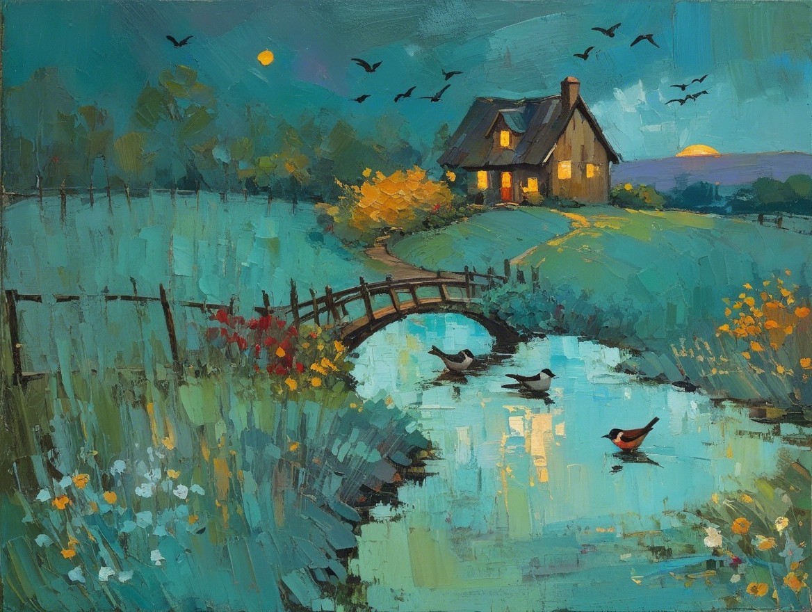 Cozy Cottage in a Tranquil Landscape at Sunset
