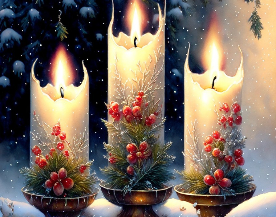 Elegant Candles with Berries in Snowy Landscape