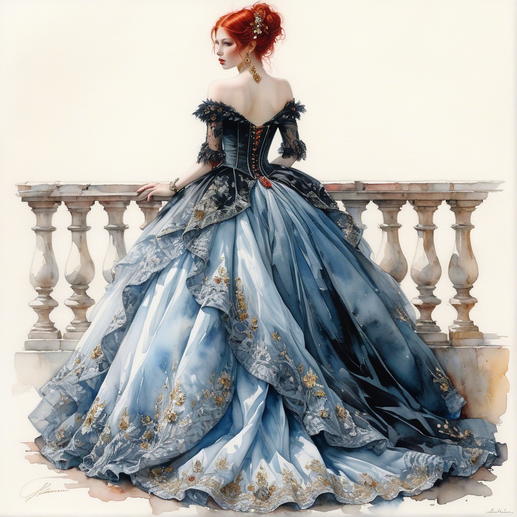 Elegant gown with blue skirt and black corset design