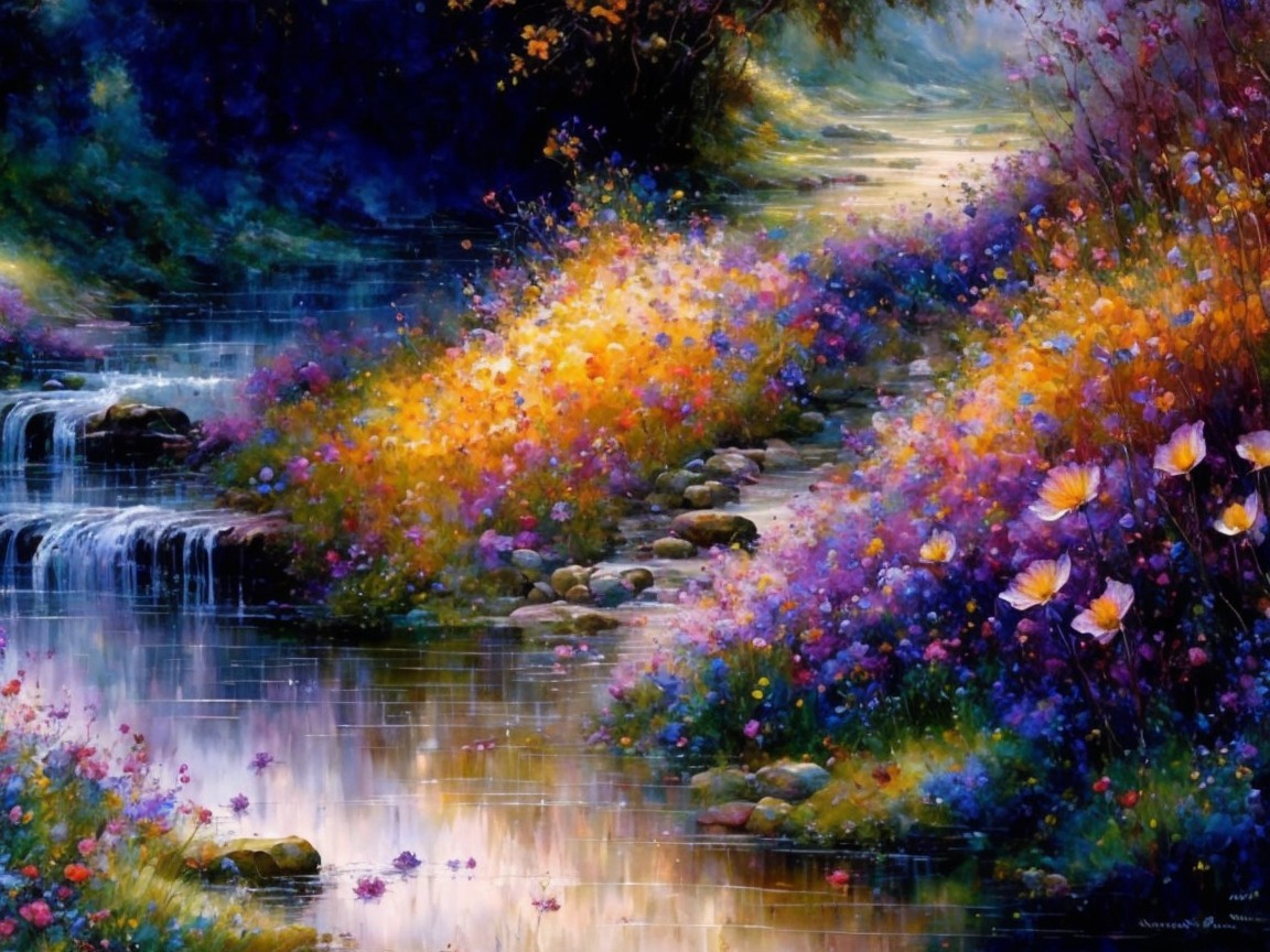 Serene Landscape with Flowing Stream and Wildflowers
