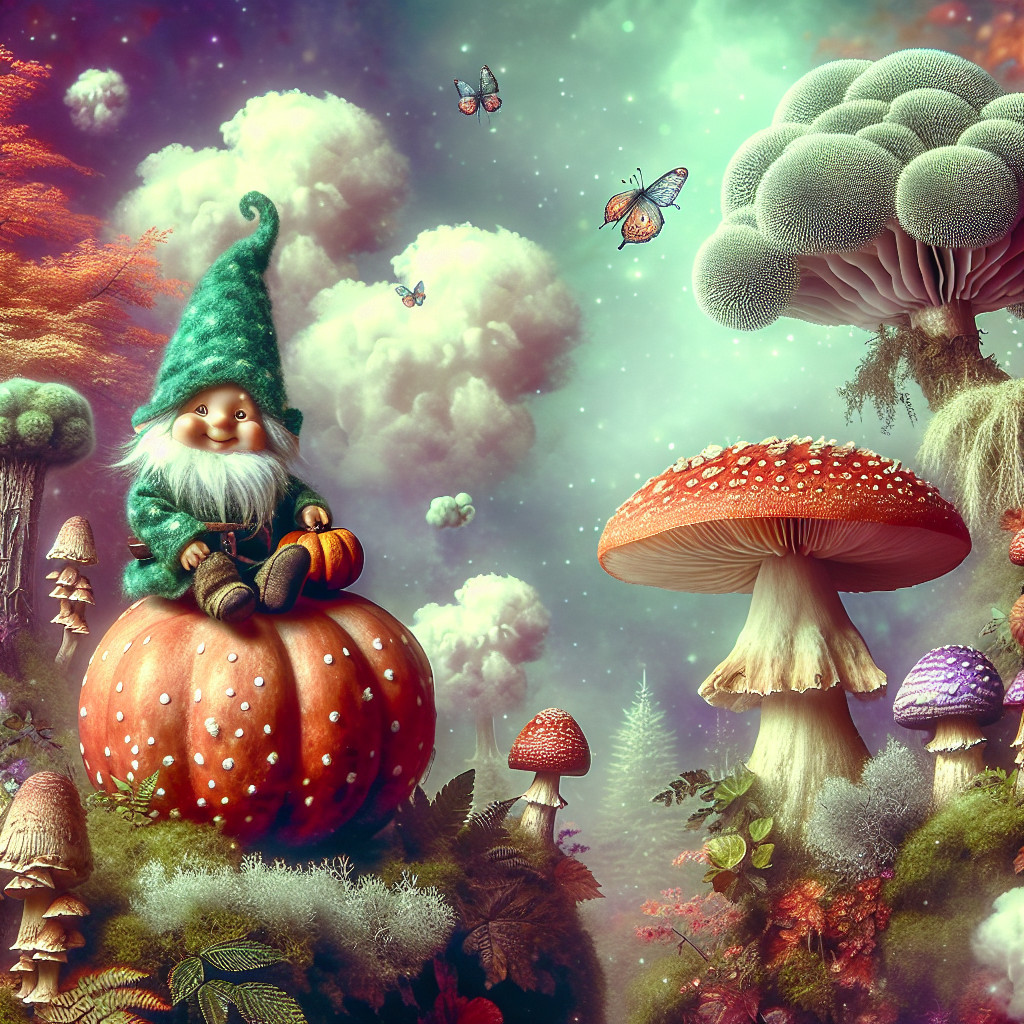 Gnome on Pumpkin Surrounded by Colorful Forest Elements