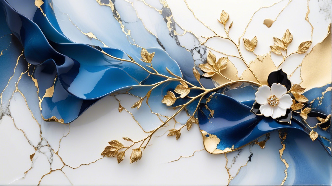 Elegant Abstract Design with Blue Waves and Gold Accents