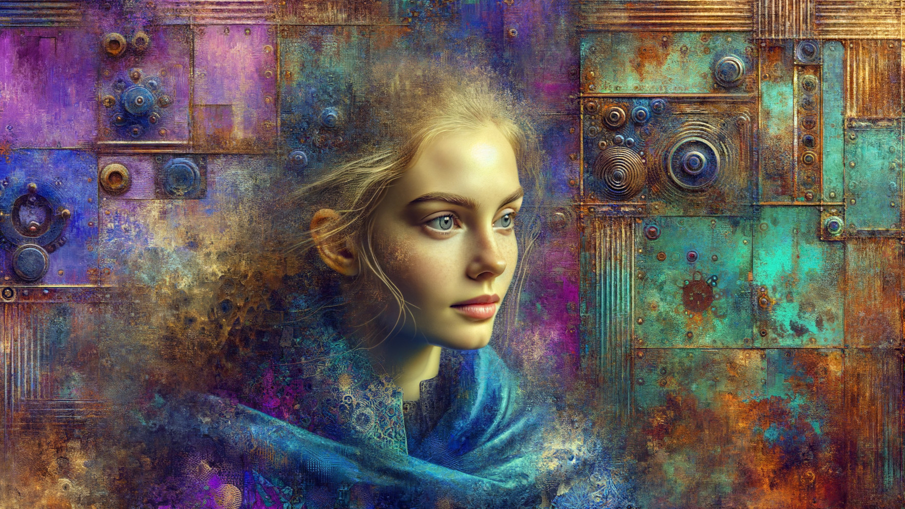 Portrait of a Young Blonde Woman in Steampunk Setting