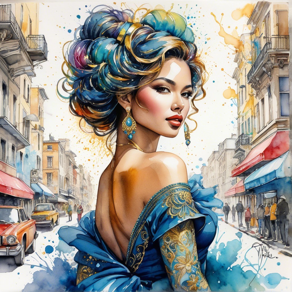 Colorful Hair and Elegant Dress in Vintage Street Scene