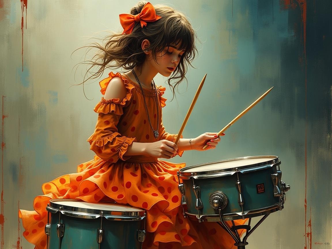 Young Girl Playing Drums in Colorful Dress and Bow