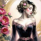Young woman in black gown with pink flower and peonies