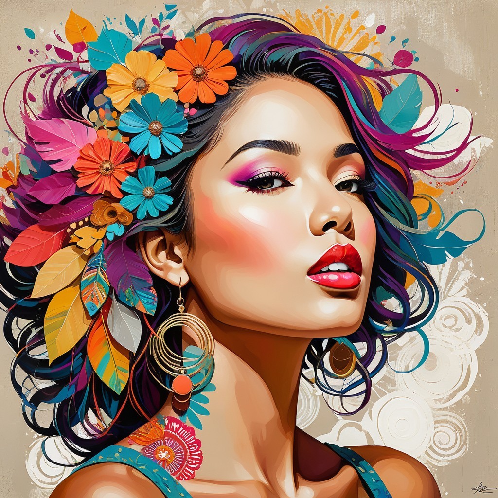 Portrait of a Woman with Curly Hair and Flowers