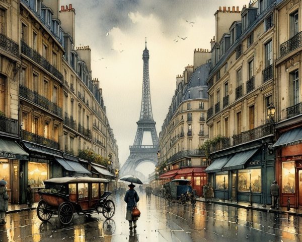 Quaint Parisian Street with Eiffel Tower and Vintage Carriages