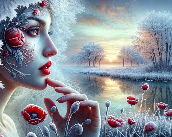 Serene Winter Landscape with Floral Patterns and Sunrise