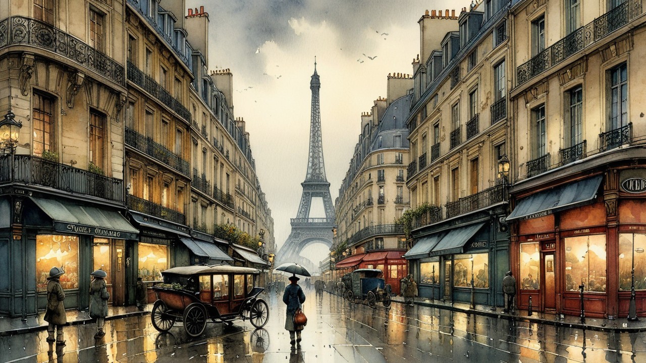 Quaint Parisian Street with Eiffel Tower and Vintage Carriages