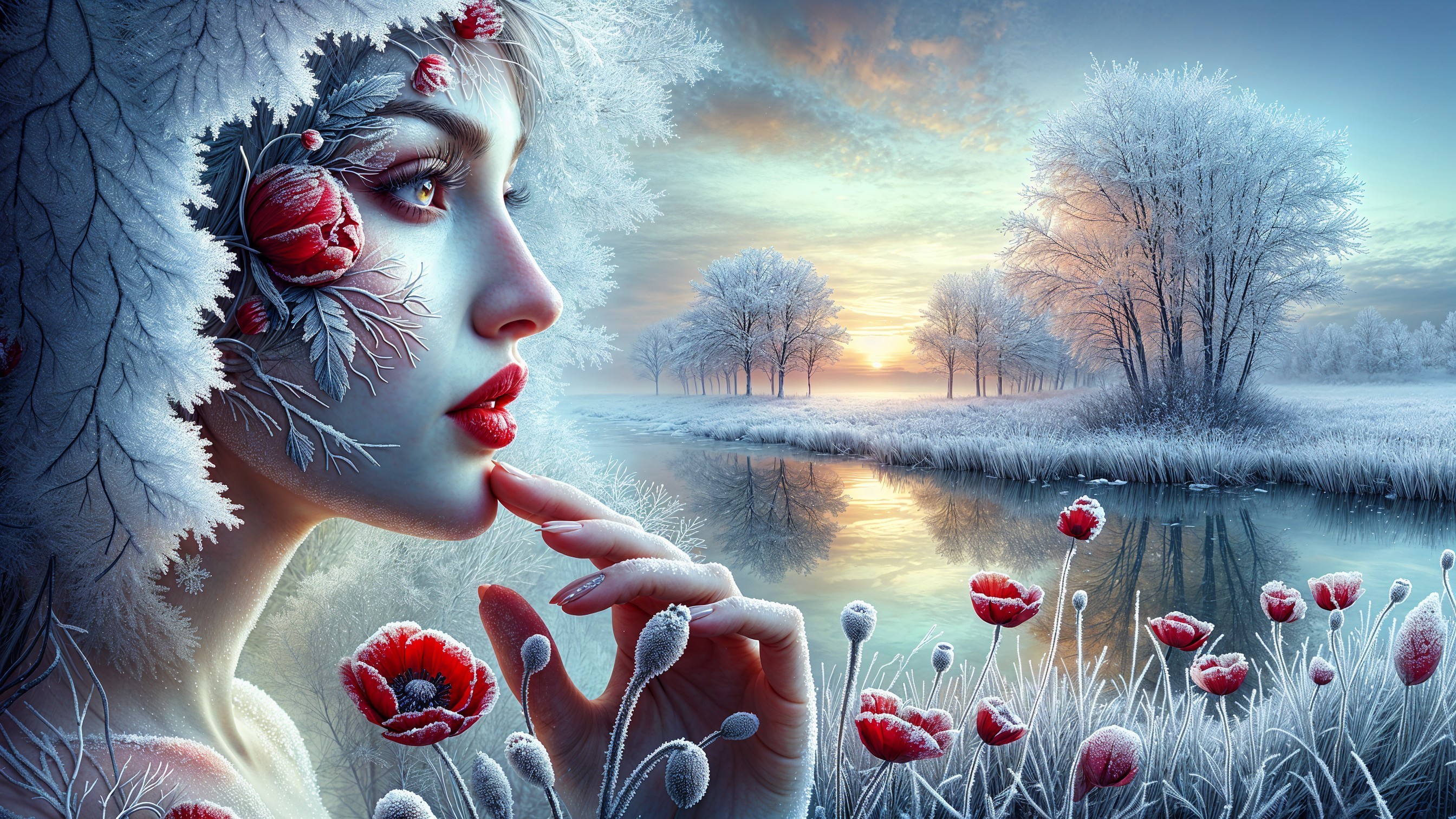 Serene Winter Landscape with Floral Patterns and Sunrise