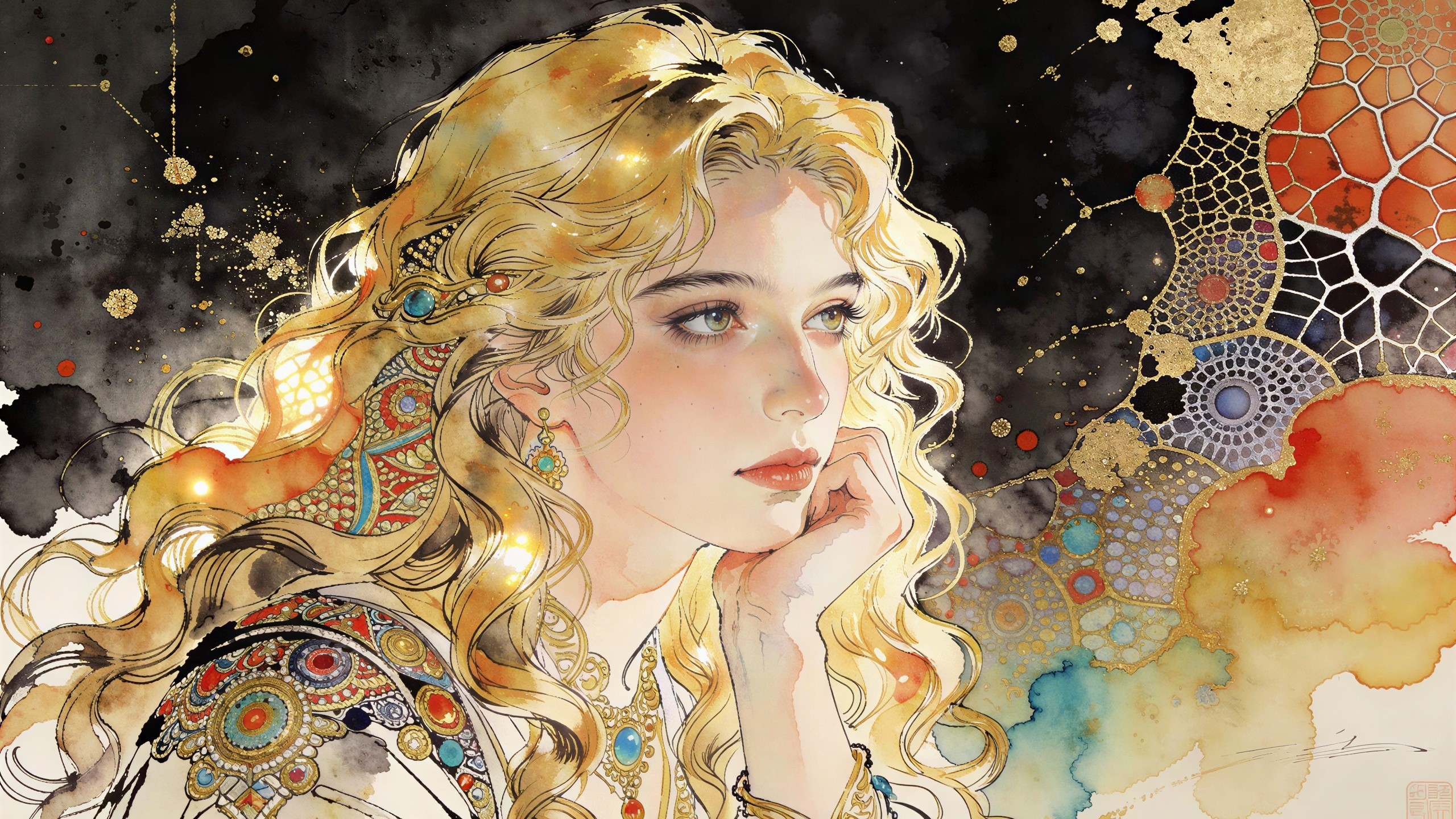 Watercolor and Ink Portrait of a European Woman