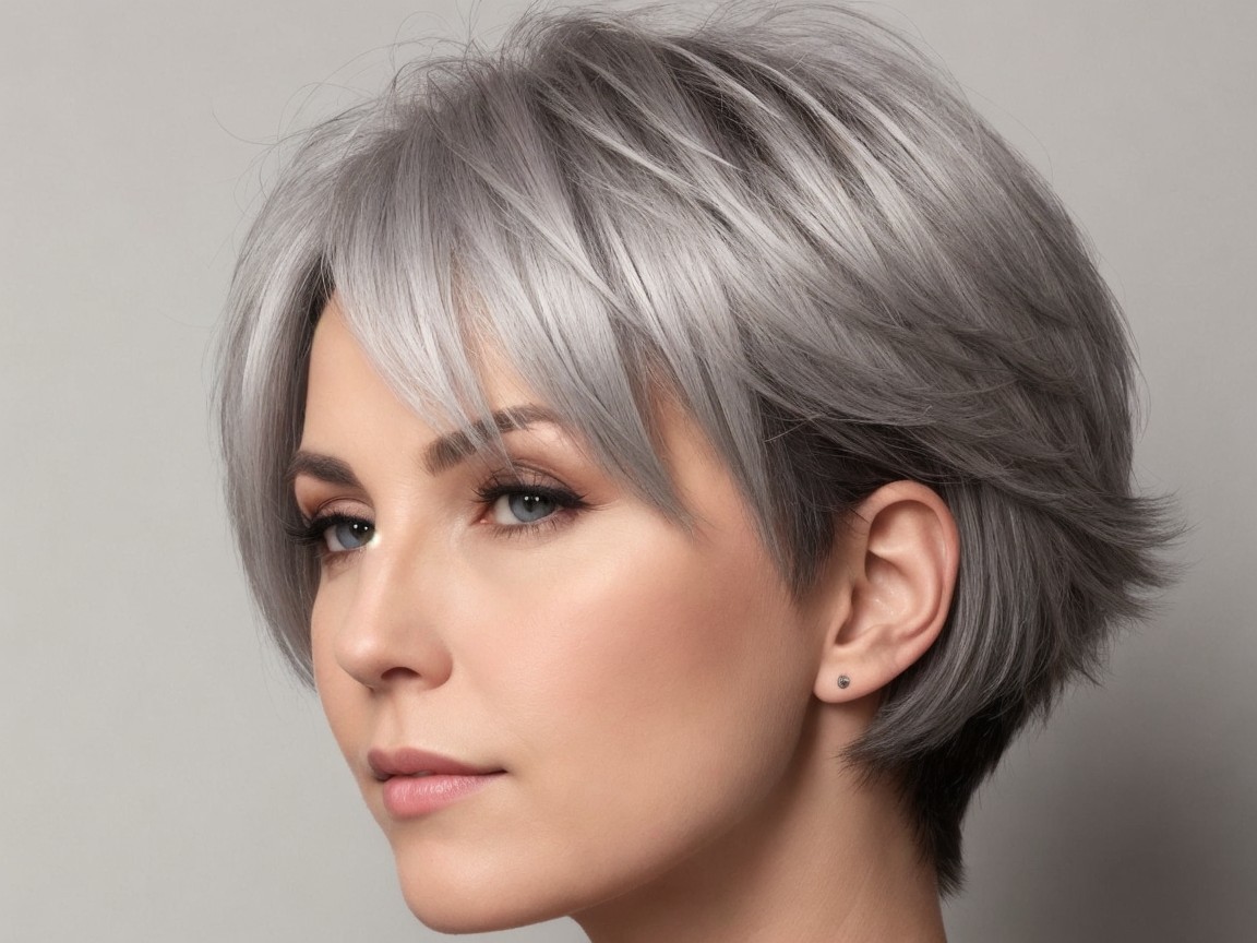 Close-Up Portrait of a Woman with Silver Short Hair