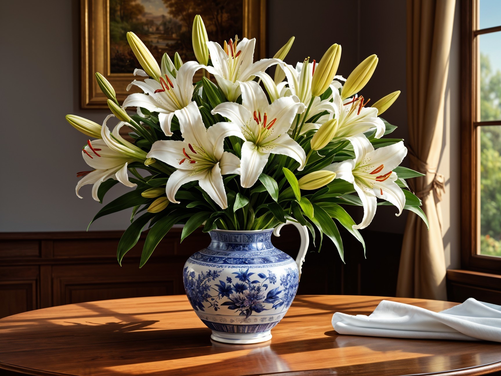White Lilies in Blue and White Vase Arrangement