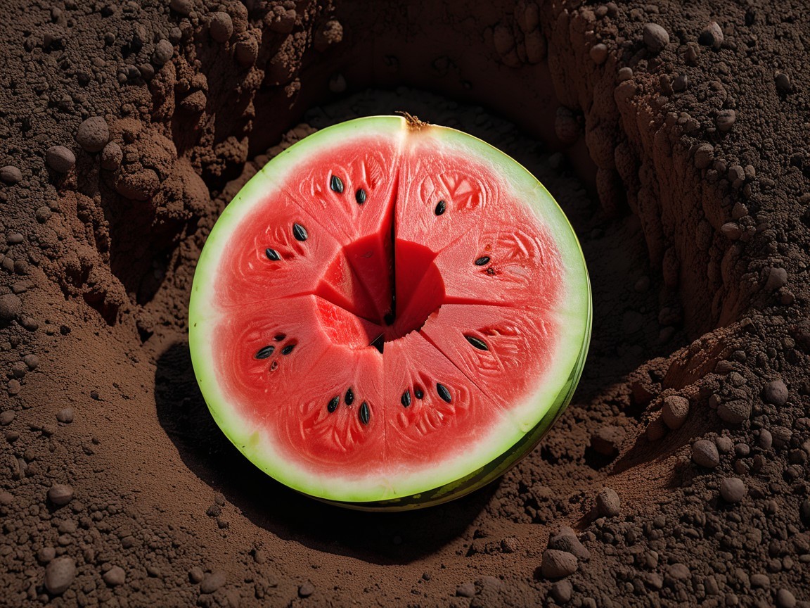 Watermelon Cut Open on Dark Soil Background