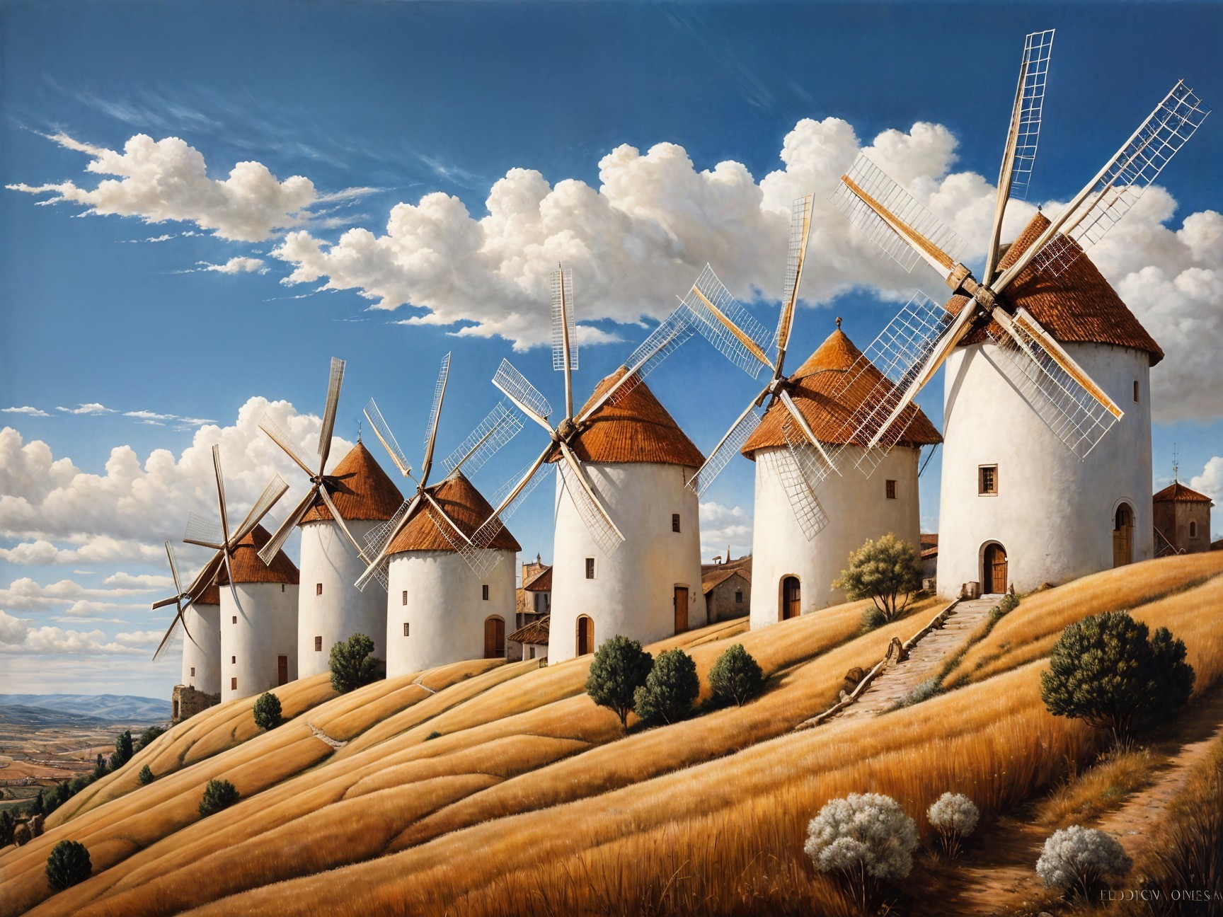 Traditional Windmills on Golden Rolling Hills