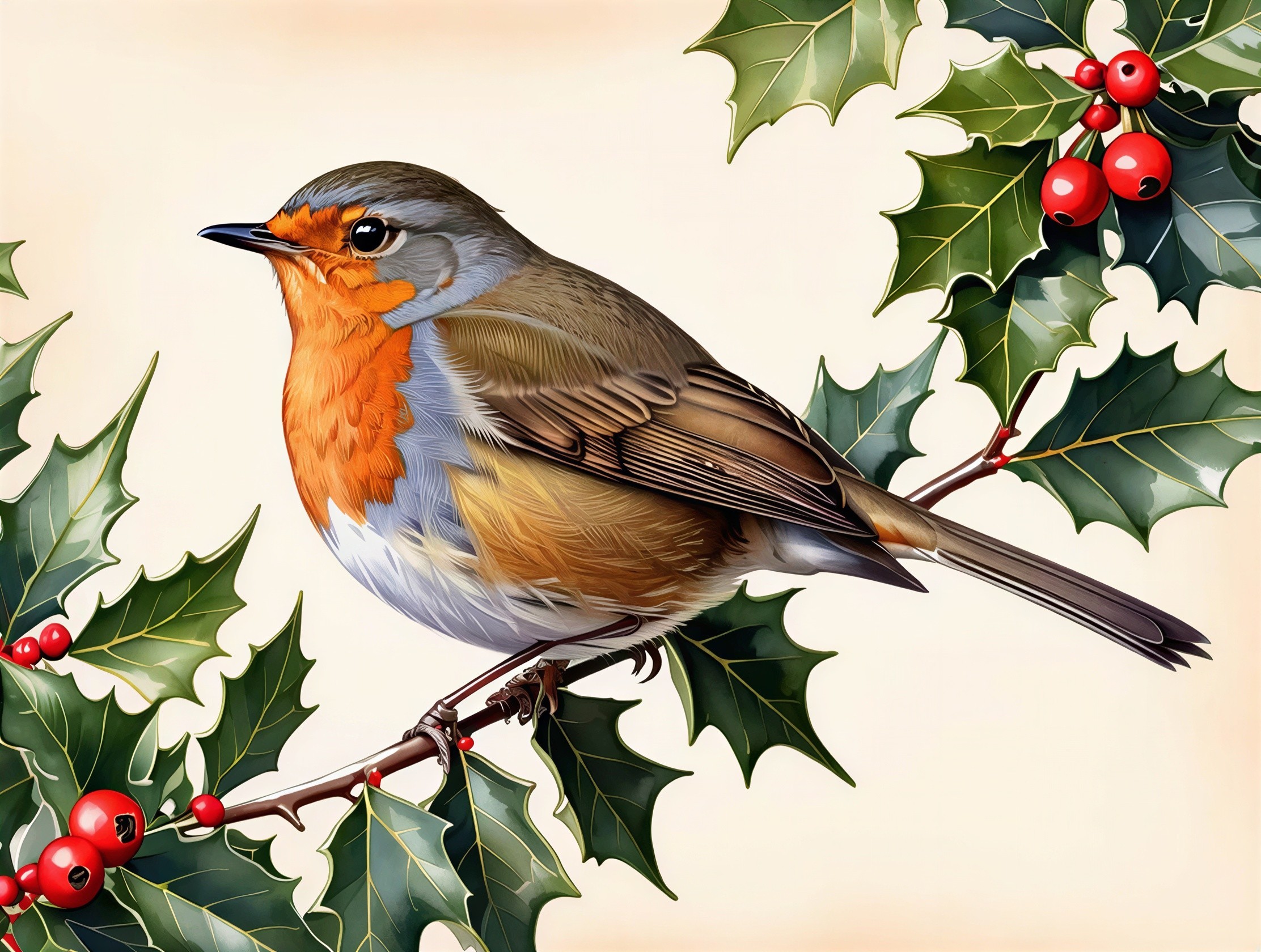 Digital Illustration of a European Robin on Holly Branch