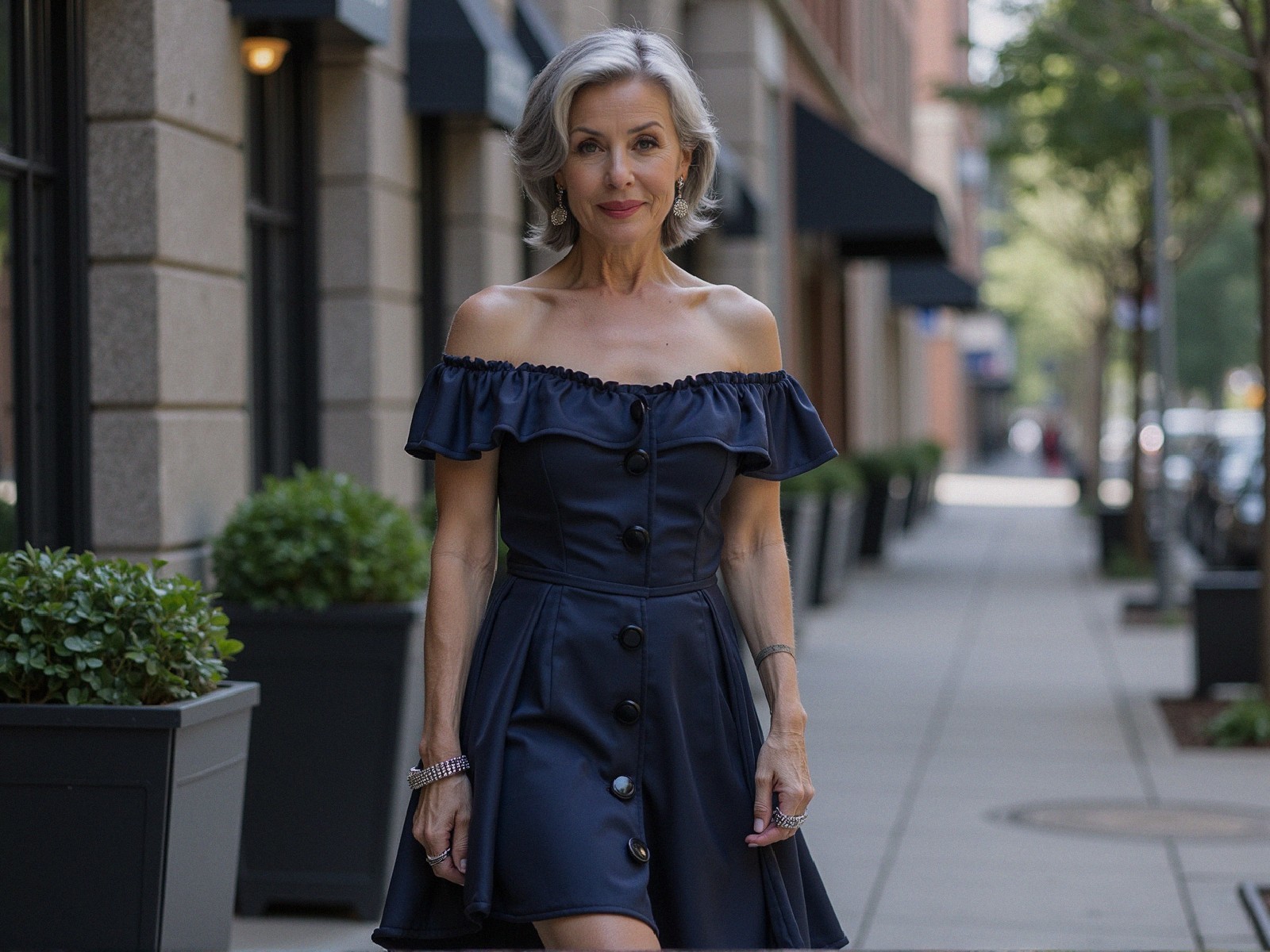 Stylish Woman in Navy Dress on City Sidewalk