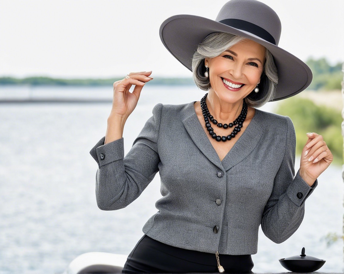 Elegant Woman by Serene Waterfront in Stylish Attire
