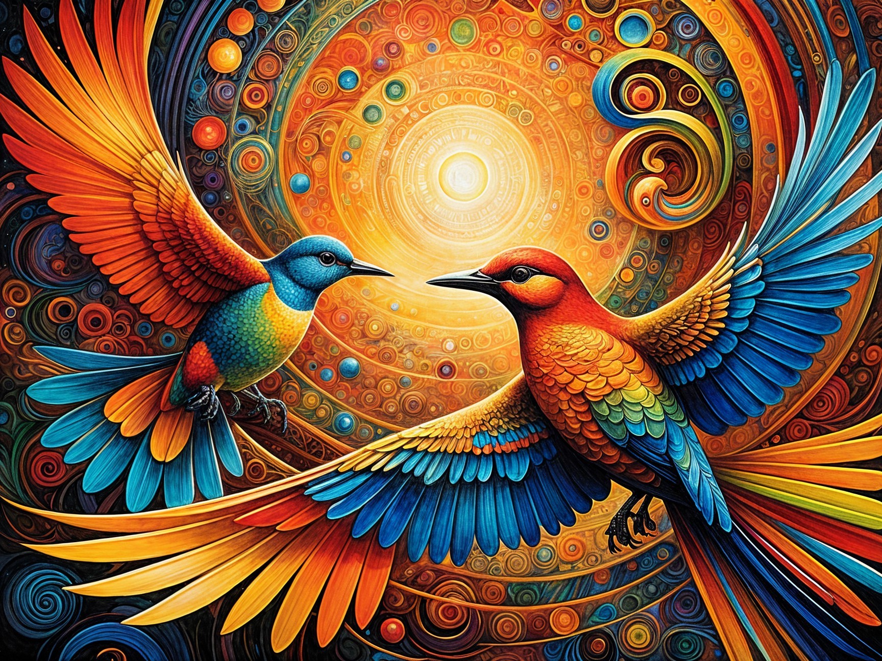 Vibrant Birds in Flight with Swirling Colorful Background