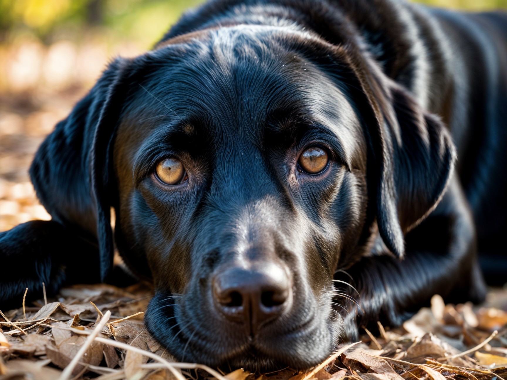 Black Labrador Retriever in Autumn Leaves Close-Up
