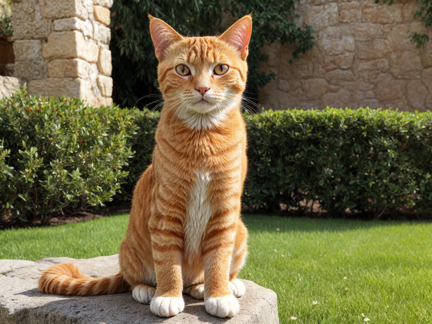 Orange Tabby Cat in Lush Green Garden Setting