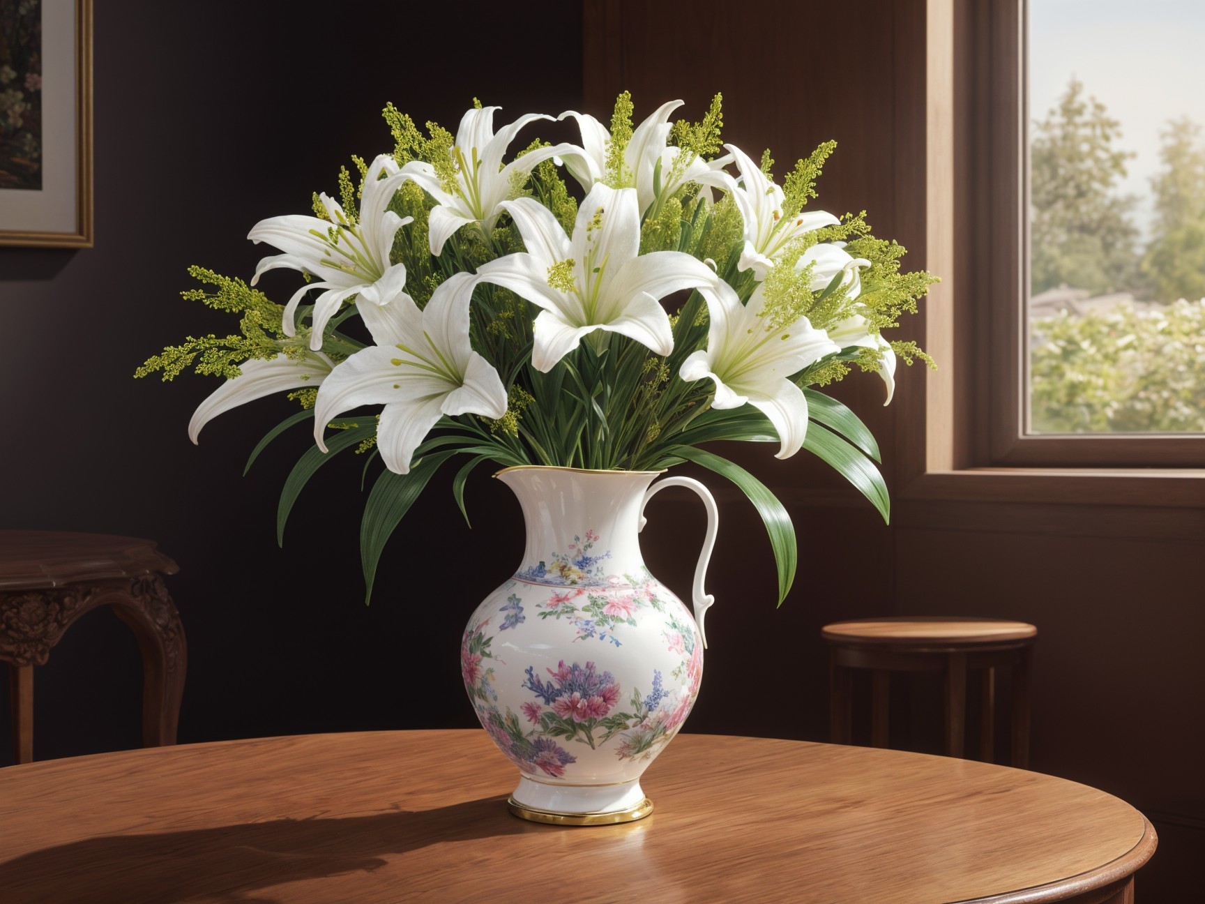 White Lily Arrangement in Ornate Porcelain Vase
