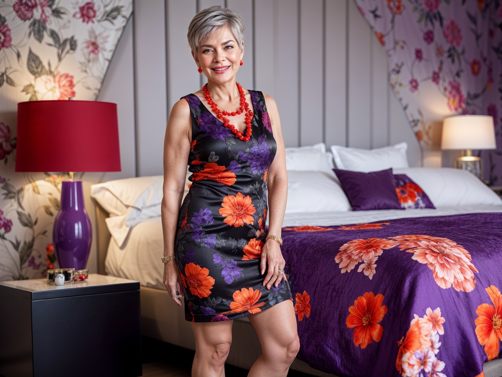 Confident Woman in Floral Bedroom Setting